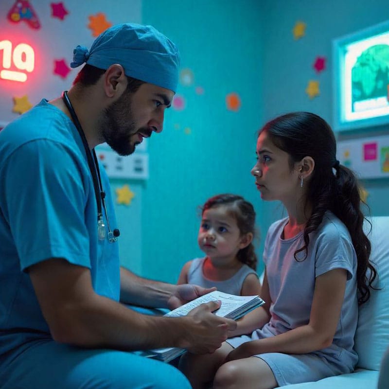 Cirujano realizando un procedimiento de neurocirugía pediátrica en un niño, utilizando tecnología avanzada.