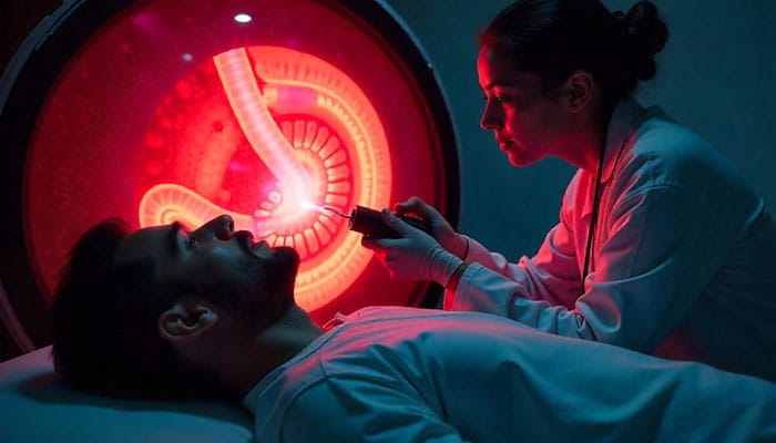 Imagen que muestra una endoscopia neurológica para la evaluación de condiciones dentro del cerebro o la columna vertebral.