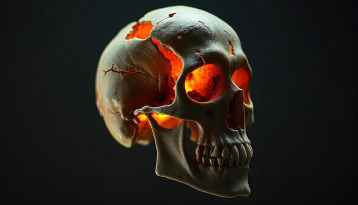 Imagen que muestra una tomografía computarizada (TC) de un trauma craneal, evidenciando posibles fracturas o hemorragias cerebrales.