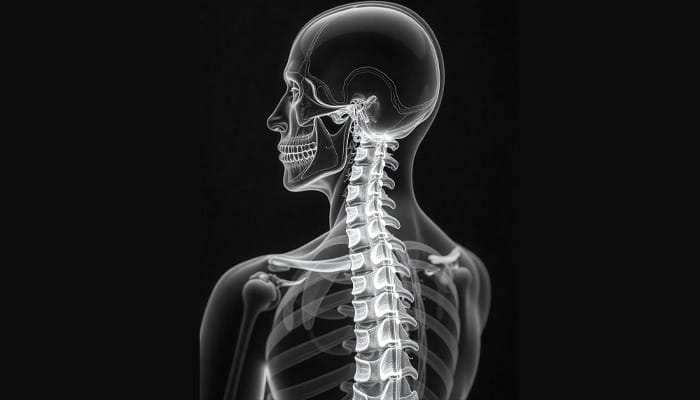 Imagen de una radiografía o resonancia magnética mostrando lesiones en la columna vertebral debido a un trauma raquimedular